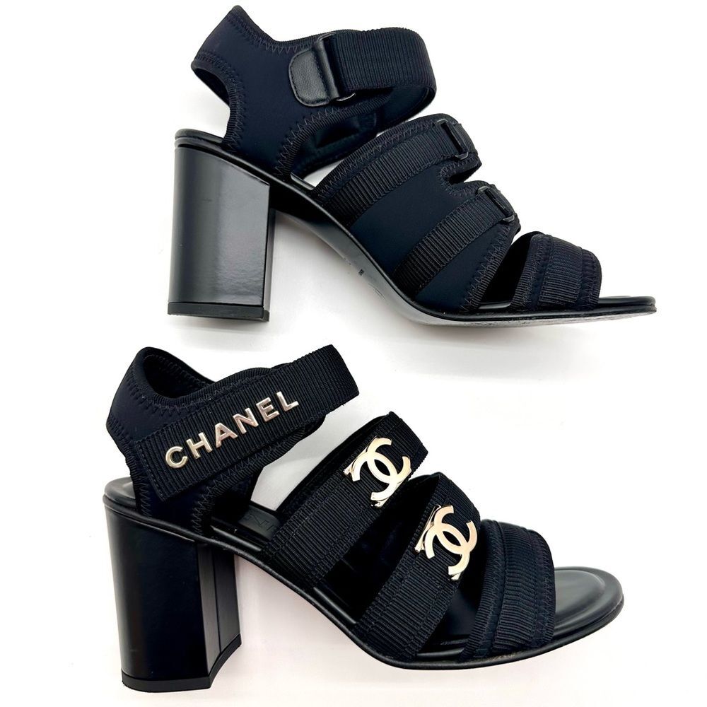 Chanel 24C Gold CHANEL & CC Logo Black Fabric Block Heel Strappy Sandals EU 37 - Picture 11 of 16